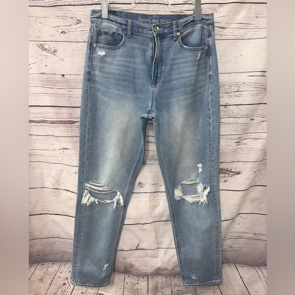 American Eagle Outfitters Light Blue Distressed Boyfriend Jeans Size 10 Long